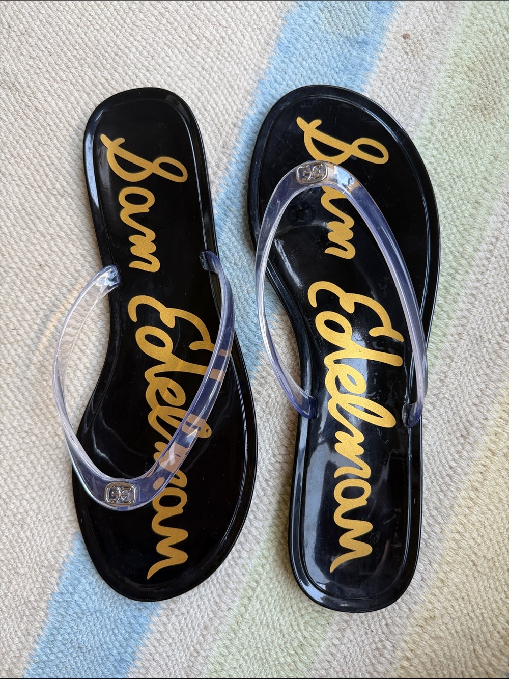 Sam Edelman Black Jelly Flip Flops with Clear Straps and Gold Logo